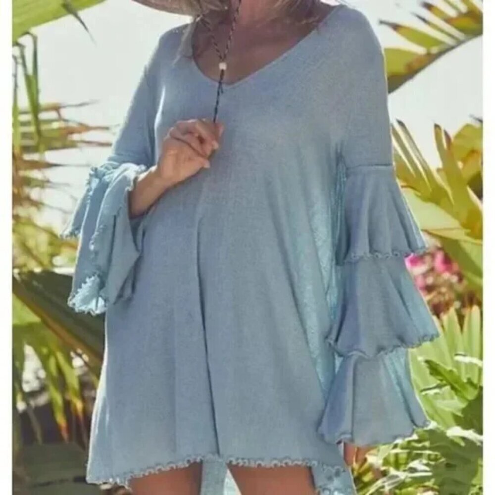 Free People FP Beach Seashore Ruffled V-Neck Mini Dress size small boho beachy